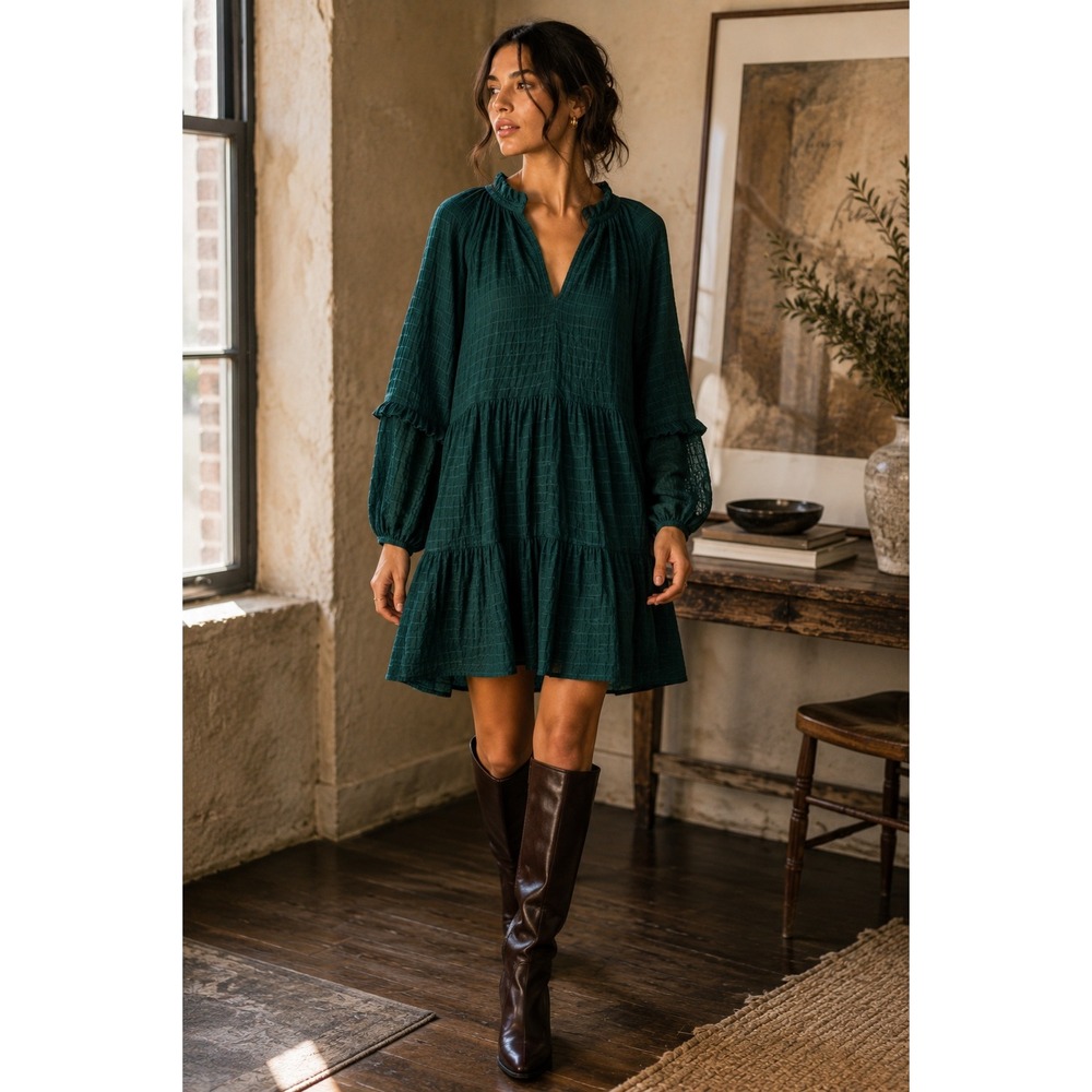 Mare Mare x Anthropologie Anne Tiered Tunic Dress Textured Teal Green XS